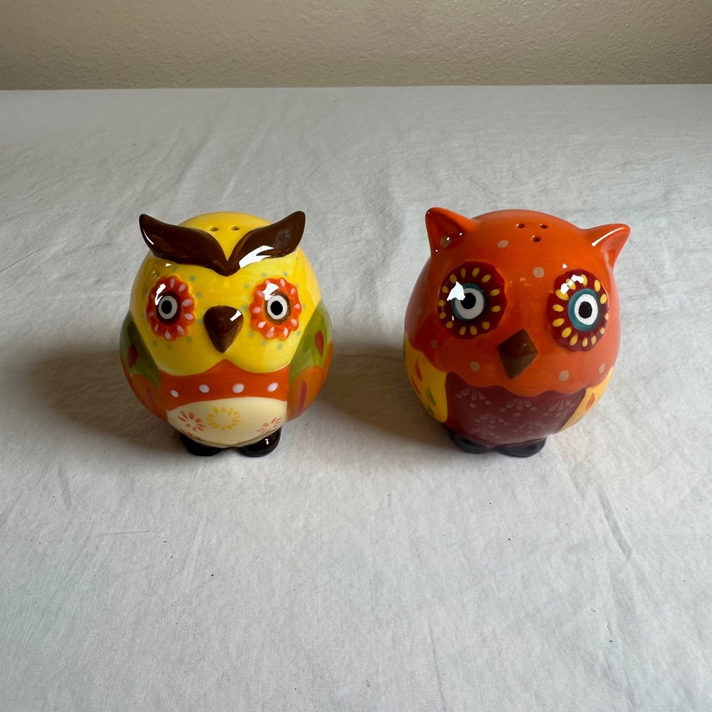 Ceramic Owl Salt and Pepper Shakers Set Orange Yellow Floral Hand Painted 3"